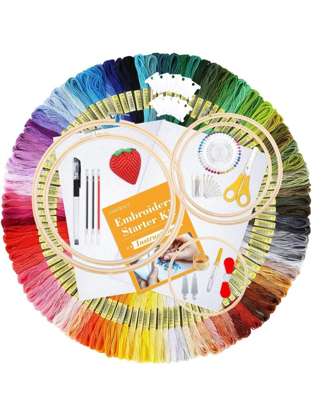New 304 Pack Embroidery Kit, 200 Colors Threads, 5 Pcs Bamboo Embroidery Hoops
